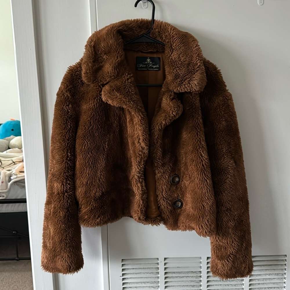 Free People Mena Brown Faux Fur Cropped Teddy Coat Jacket